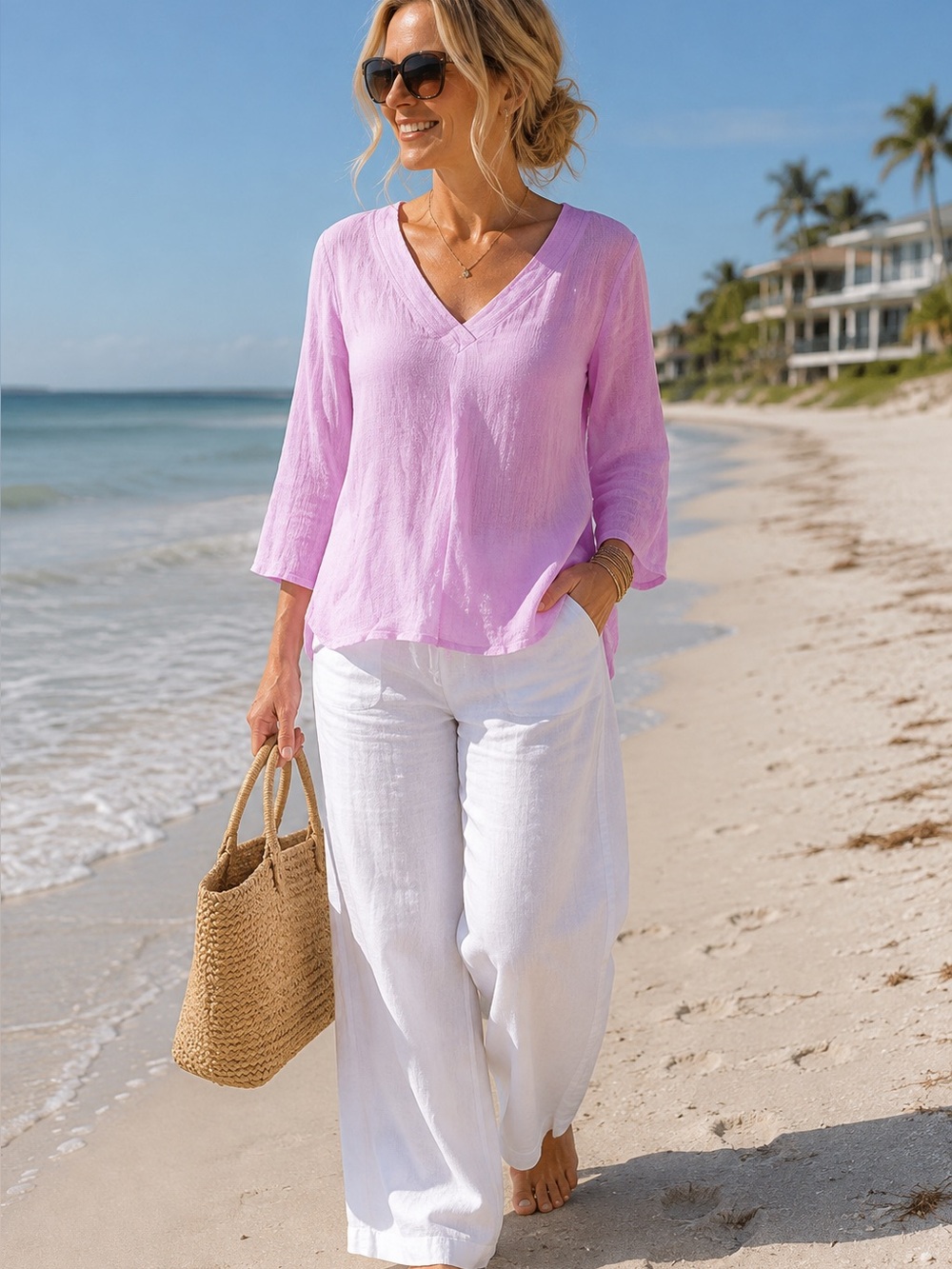 Liz Claiborne Pink V-Neck Long-Sleeve Blouse